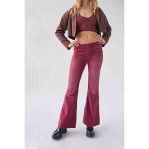 Urban Outfitters BDG Iona Zip Front Burnout Velvet Flare Pants, 30 Burgundy Boho